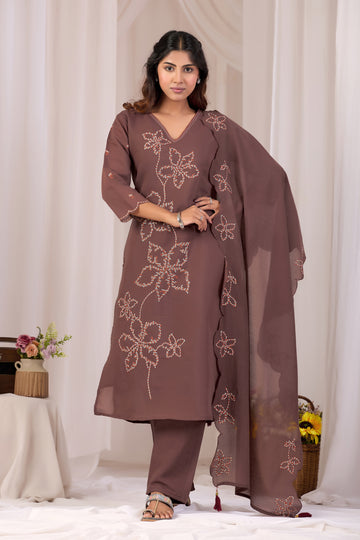 Brown Embroidered A-Line Cotton Suit Set with Dupatta