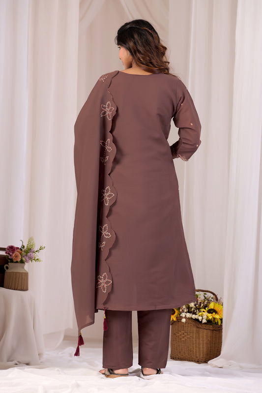 Brown Embroidered A-Line Cotton Suit Set with Dupatta