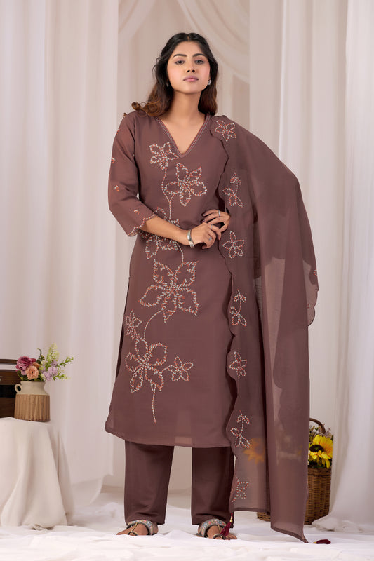 Brown Embroidered A-Line Cotton Suit Set with Dupatta