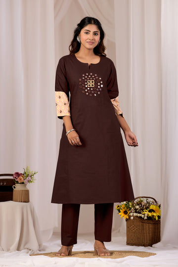 Brown Mirror Work A-Line Cotton Kutra Pant Set For Women