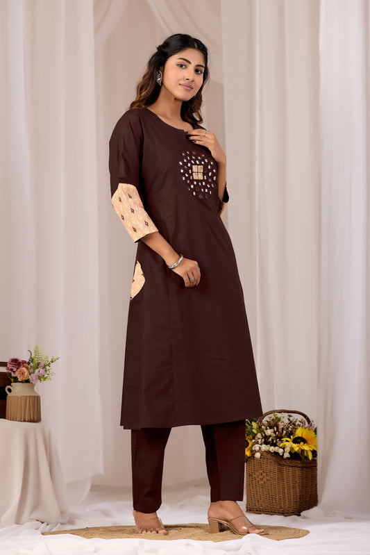 Brown Mirror Work A-Line Cotton Kurta Set For Women
