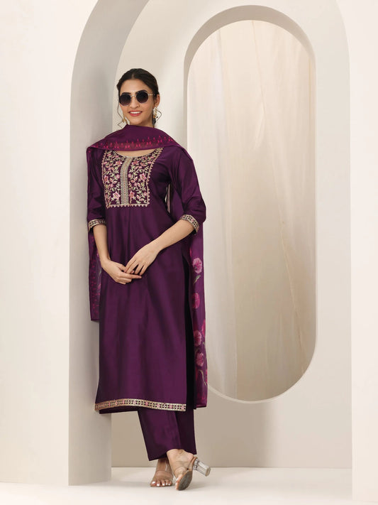 Burgundy Embroidery Neck Design Salwar Suit Set With Dupatta