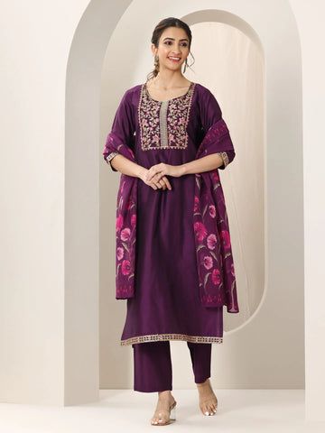 Burgundy Embroidery Neck Design Salwar Suit Set With Dupatta