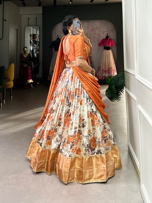 Carrot Color Floral Print With Zari Weaving Work Dola Silk Lehenga Choli