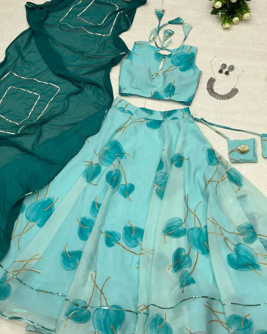 Casual Wear Sky Blue Color Digital Printed Lehenga Choli
