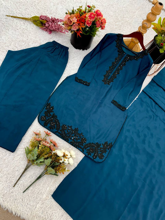 Casual Wear Navy Blue Color Sequence Work Palazzo Suit