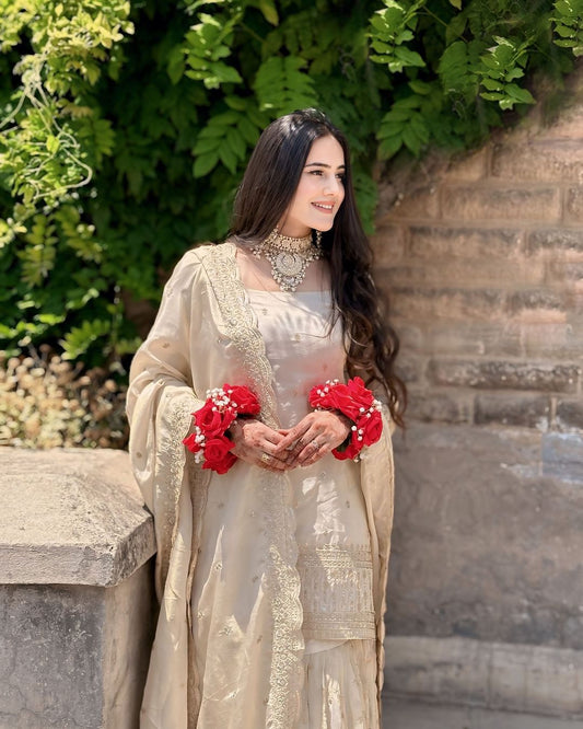 Chakrika Chinon Silk Off White Kurti Gharara Set