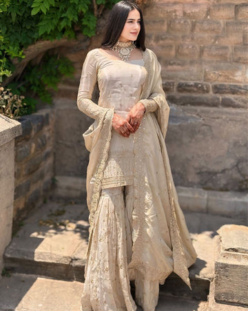 Chakrika Chinon Silk Off White Kurti Gharara Set
