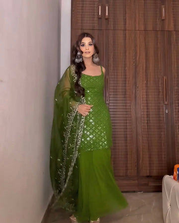 Charming Pastel Green Embroidered Kurta And Sharara Suit Set with Dupatta