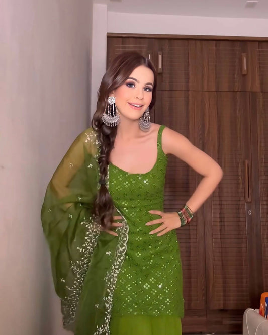 Charming Pastel Green Embroidered Kurta And Sharara Suit Set with Dupatta