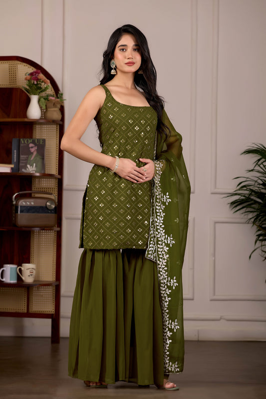 Charming Pastel Green Embroidered Kurta And Sharara Suit Set with Dupatta