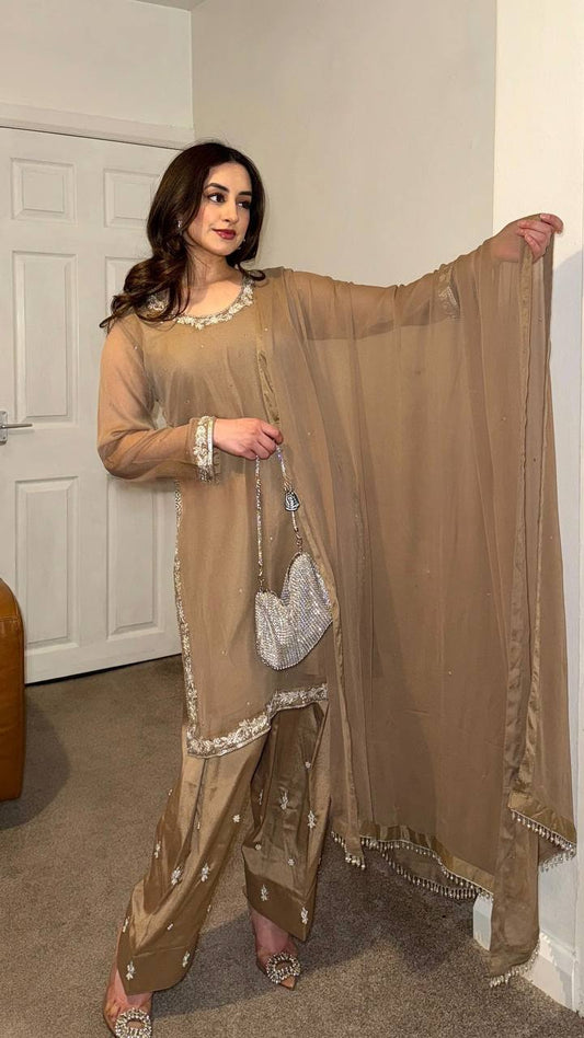 Chiku Kurta And Farshi Palazzo Georgette With Embroidery Work Plazzo Suit