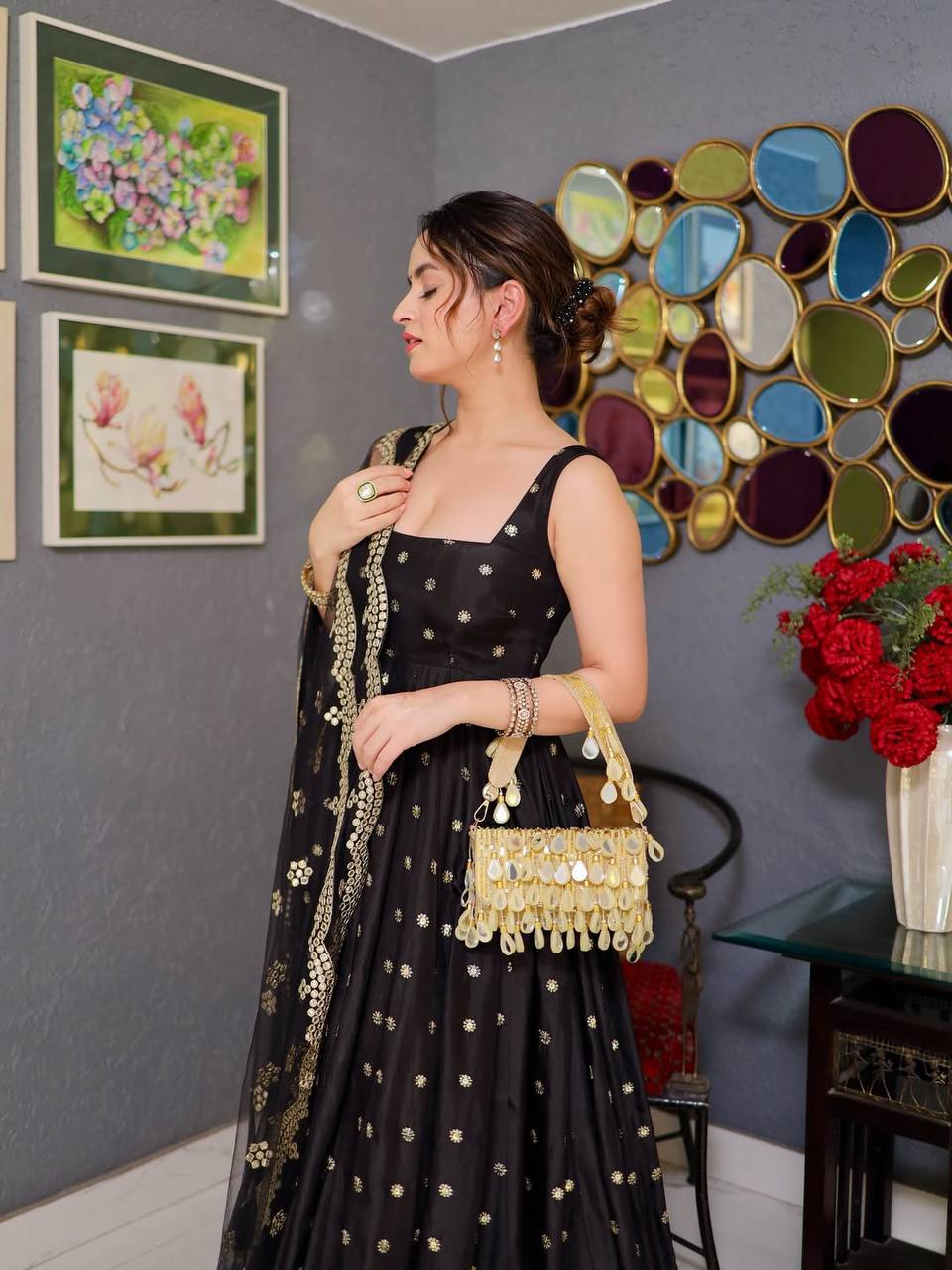 black and gold anarkali dress Handmade Black Anarkali Gown: Golden Lace Indian Wedding Suit