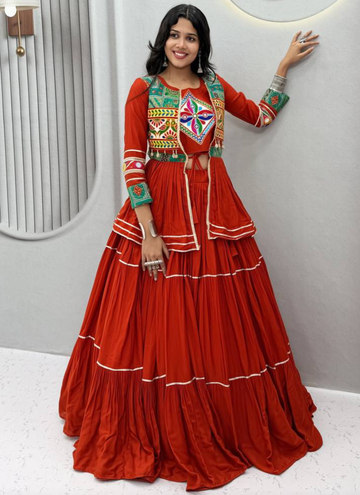 Cotton Orange Gamthi Mirror Work Lehenga Choli With Koti for Garba