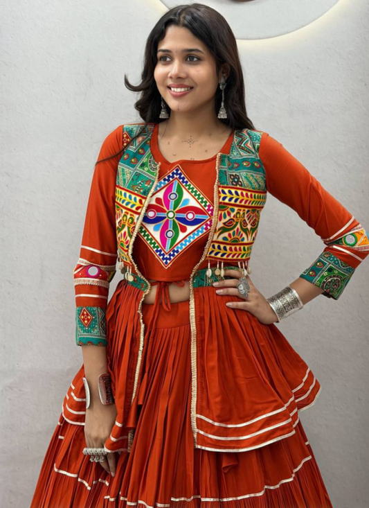 Cotton Orange Gamthi Mirror Work Lehenga Choli With Koti for Garba