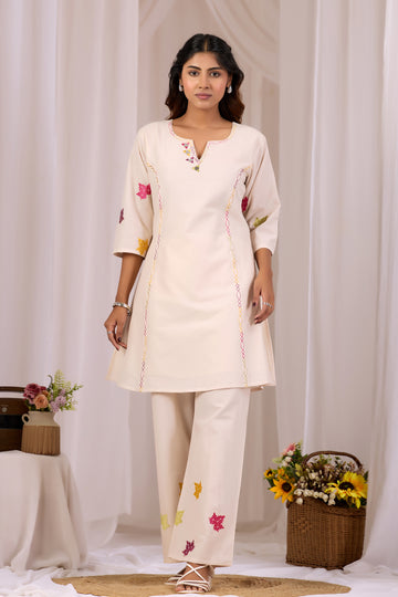 Cream Mirror And Thread Work Cotton A-Line Short Top Pant For Women