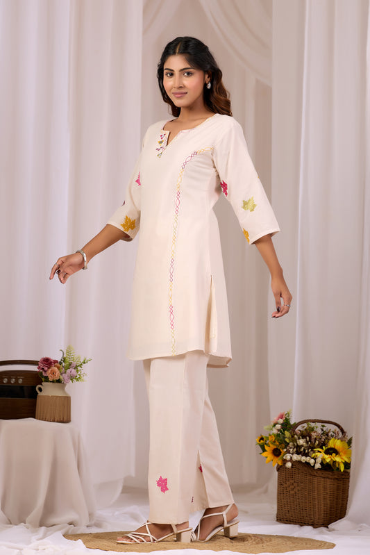 Cream Mirror And Thread Work Cotton A-Line Short Top Pant For Women