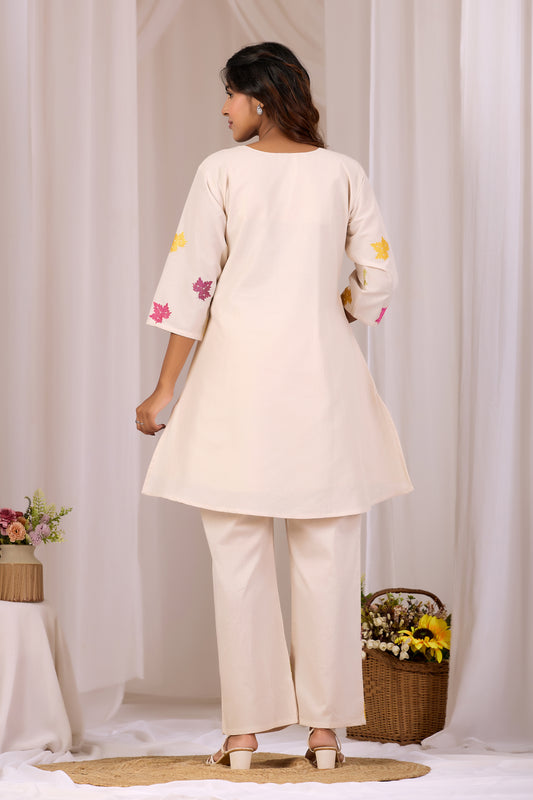 Cream Mirror And Thread Work Cotton A-Line Short Kurta Set For Women
