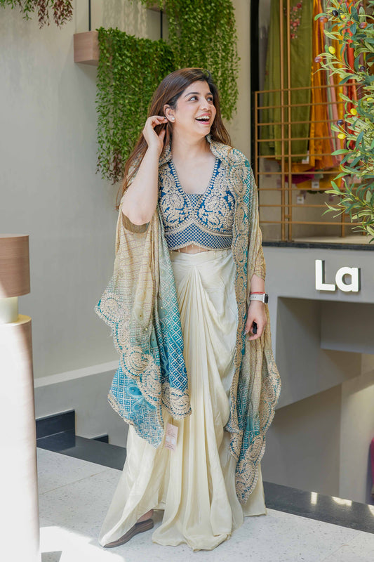Blue Colour Three Piece Set With Embroidery Indo Western Outfit