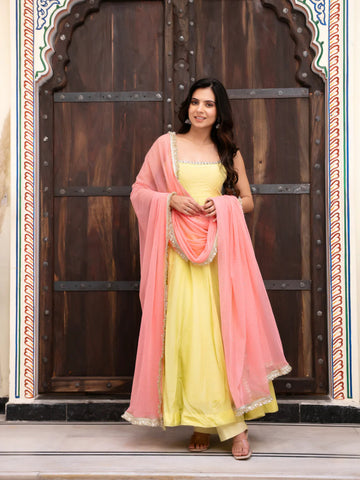 Yellow Anarkali Suit Set for Women - Premium Crepe Kurta with Net Dupatta