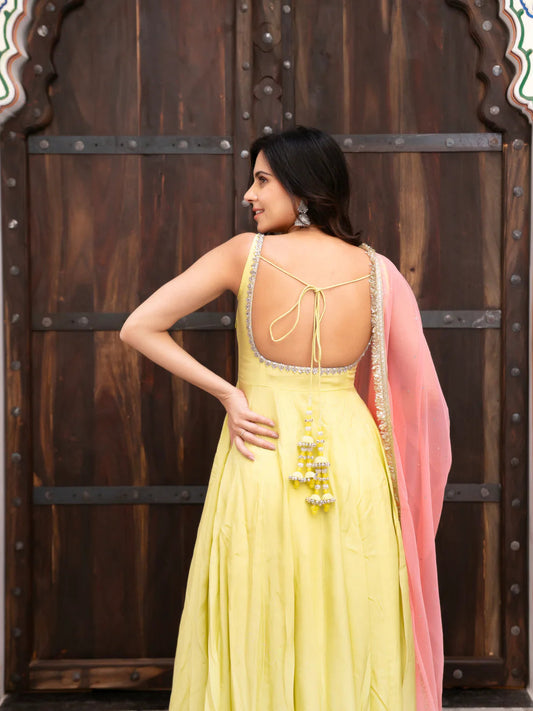 Yellow Anarkali Suit Set for Women - Premium Crepe Kurta with Net Dupatta