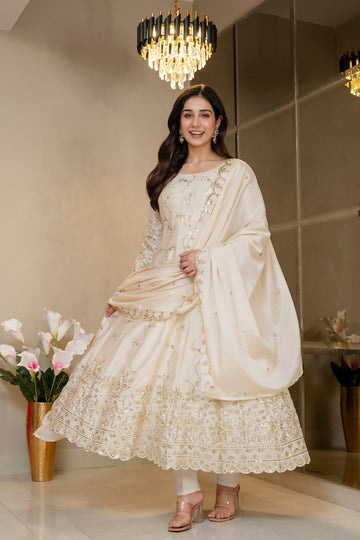 Ivory Royal Zari Work Kali Cut Anarkali Suit Set for Women