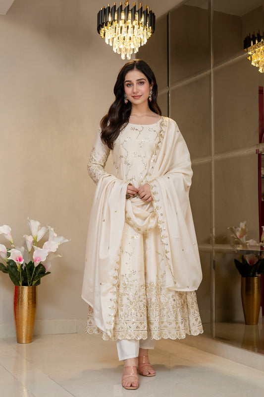 Ivory Royal Zari Work Kali Cut Anarkali Suit Set for Women