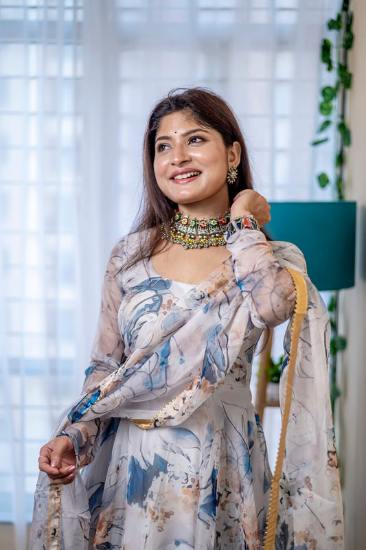 Yutika Off-White Digital Printed Pure Organza Anarkali Gown With Dupatta