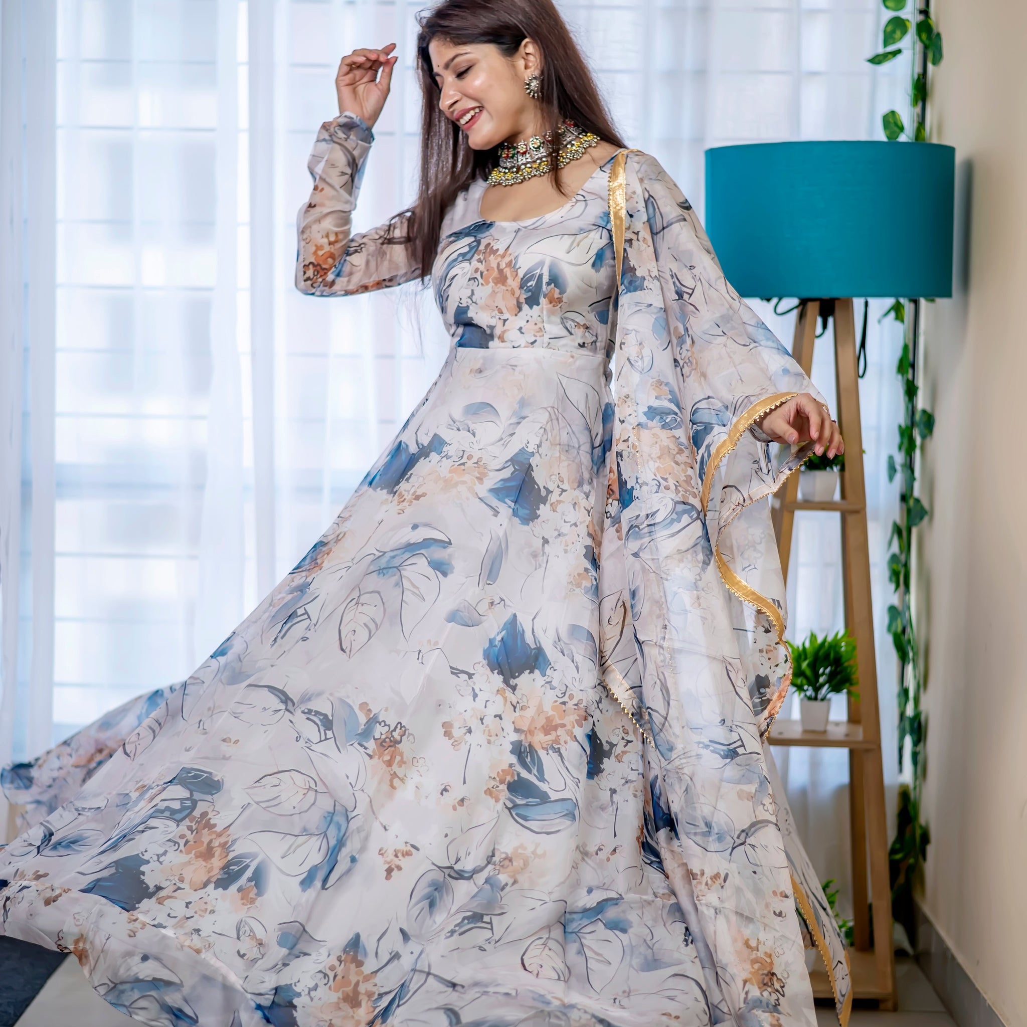 Yutika Off-White Digital Printed Pure Organza Anarkali Gown With Dupatta