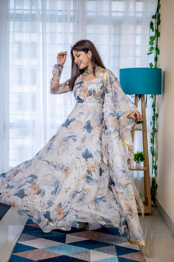 Yutika Off-White Digital Printed Pure Organza Anarkali Gown With Dupatta