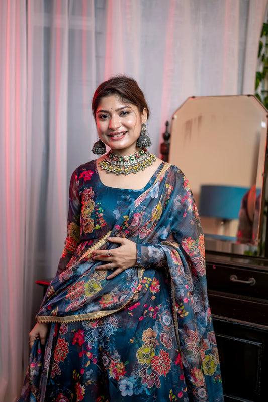 Jiyaan Digital Printed Organza Anarkali Gown