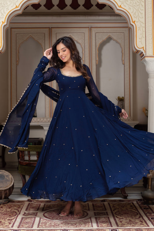 Royal Midnight Blue Georgette Anarkali Set for Women with Dupatta