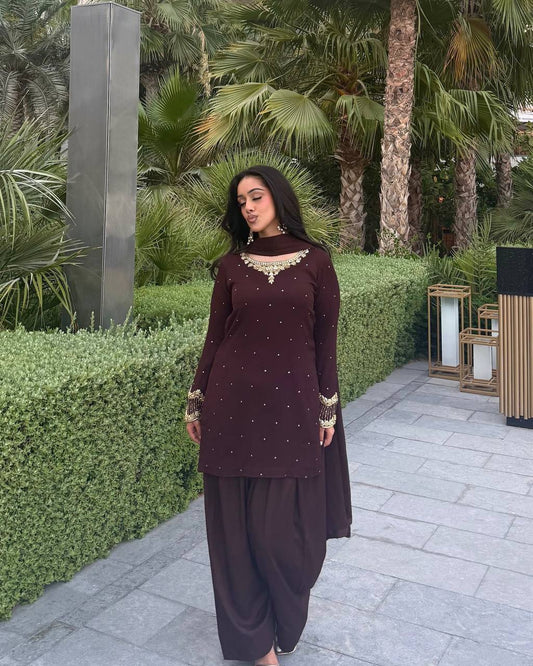 Decent Sequence Work Brown Color Plazzo Suit