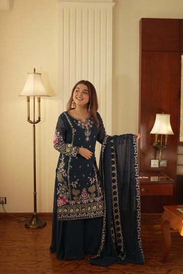 Deep Blue Full Heavy Multi Thread Embroidery Work Sharara Suit Set