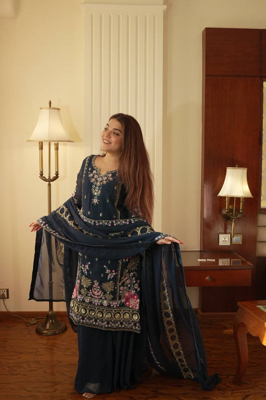 Deep Blue Full Heavy Multi Thread Embroidery Work Sharara Suit Set