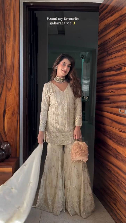 Designer Ivory Sharara Suit Set With Heavy Sequins & Embroidery Detailing Work