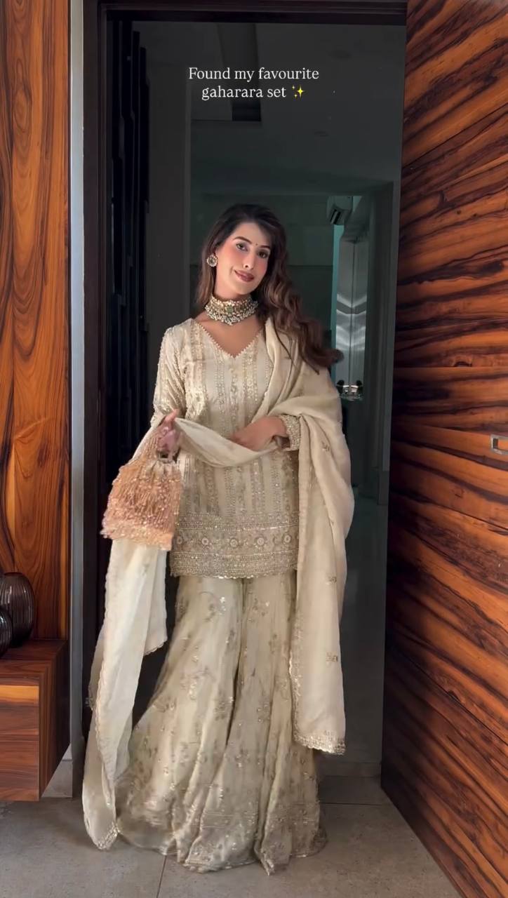 Designer Ivory Sharara Suit Set With Heavy Sequins & Embroidery Detailing Work