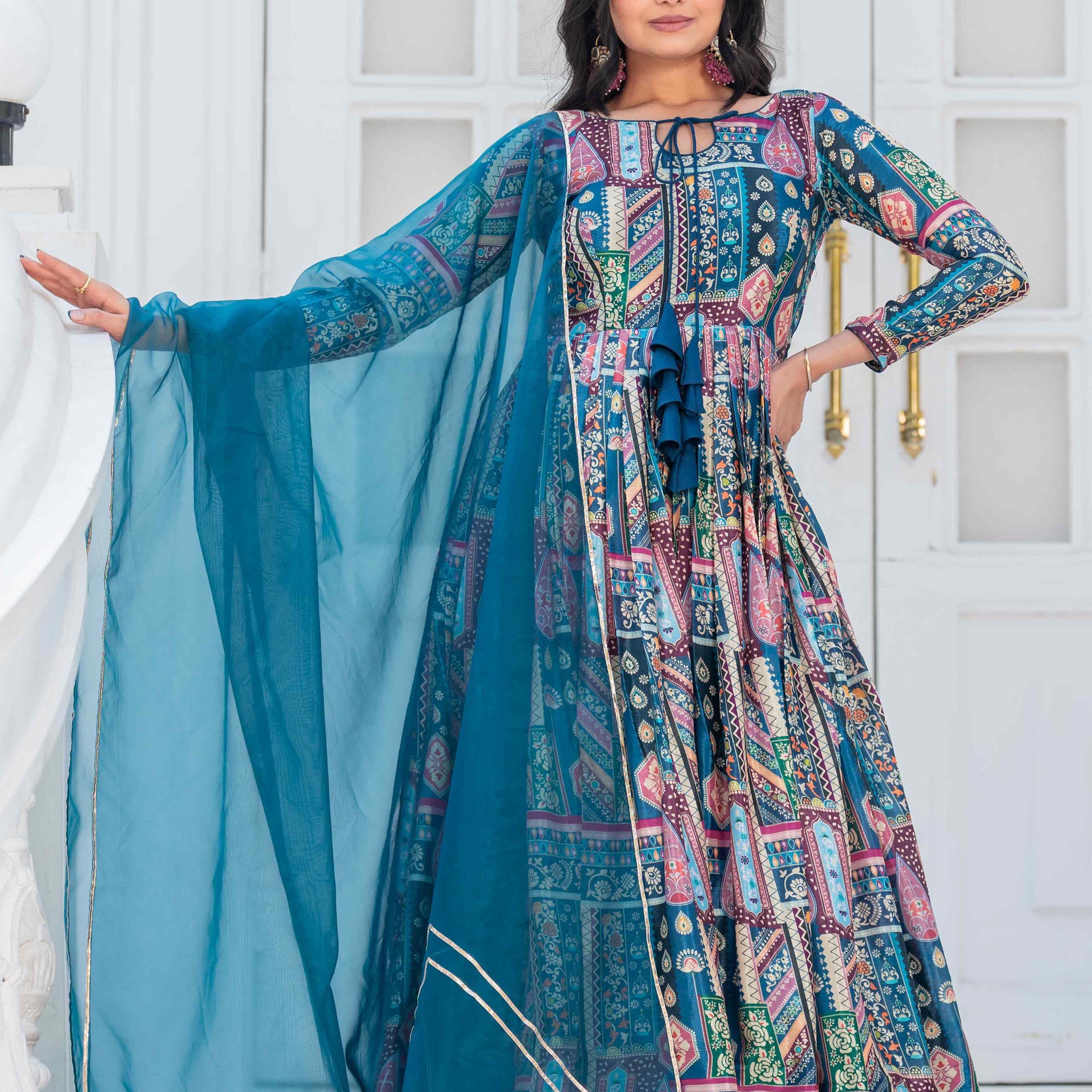 Devika Blue Multicolor Printed Flared Dress With Dupatta Set