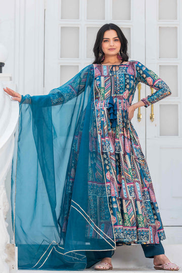 Devika Blue Multicolor Printed Flared Dress With Dupatta Set