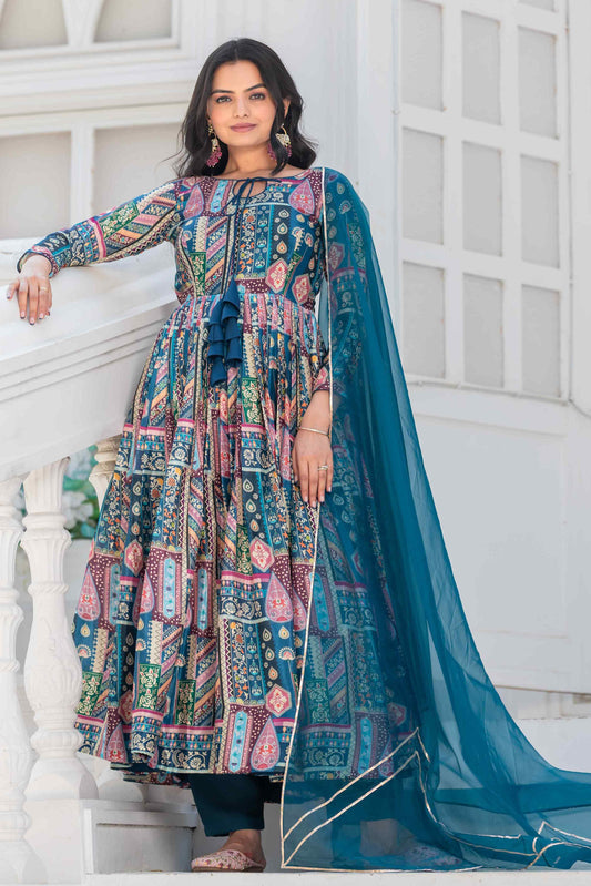 Devika Blue Multicolor Printed Flared Dress With Dupatta Set