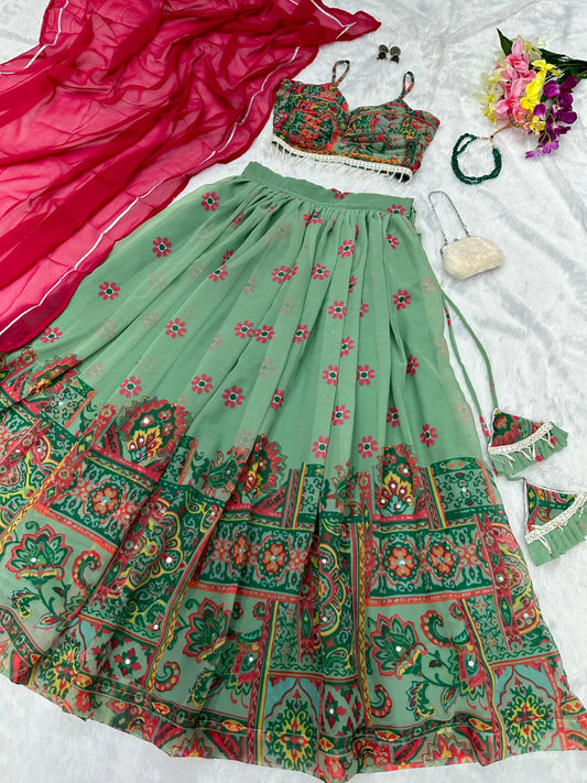 Digital Printed Pista Green color Kalamkari Lehenga Choli
