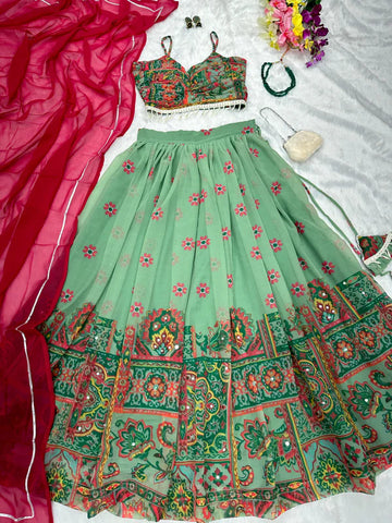 Digital Printed Pista Green color Kalamkari Lehenga Choli