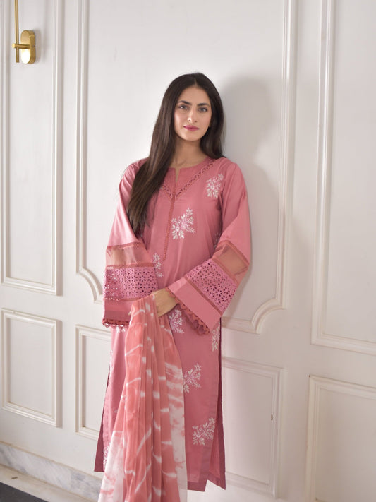 Dusty Pink Salwar Kameez in Roman Silk With Embroidery and Gpo Lace Pakistani Dress