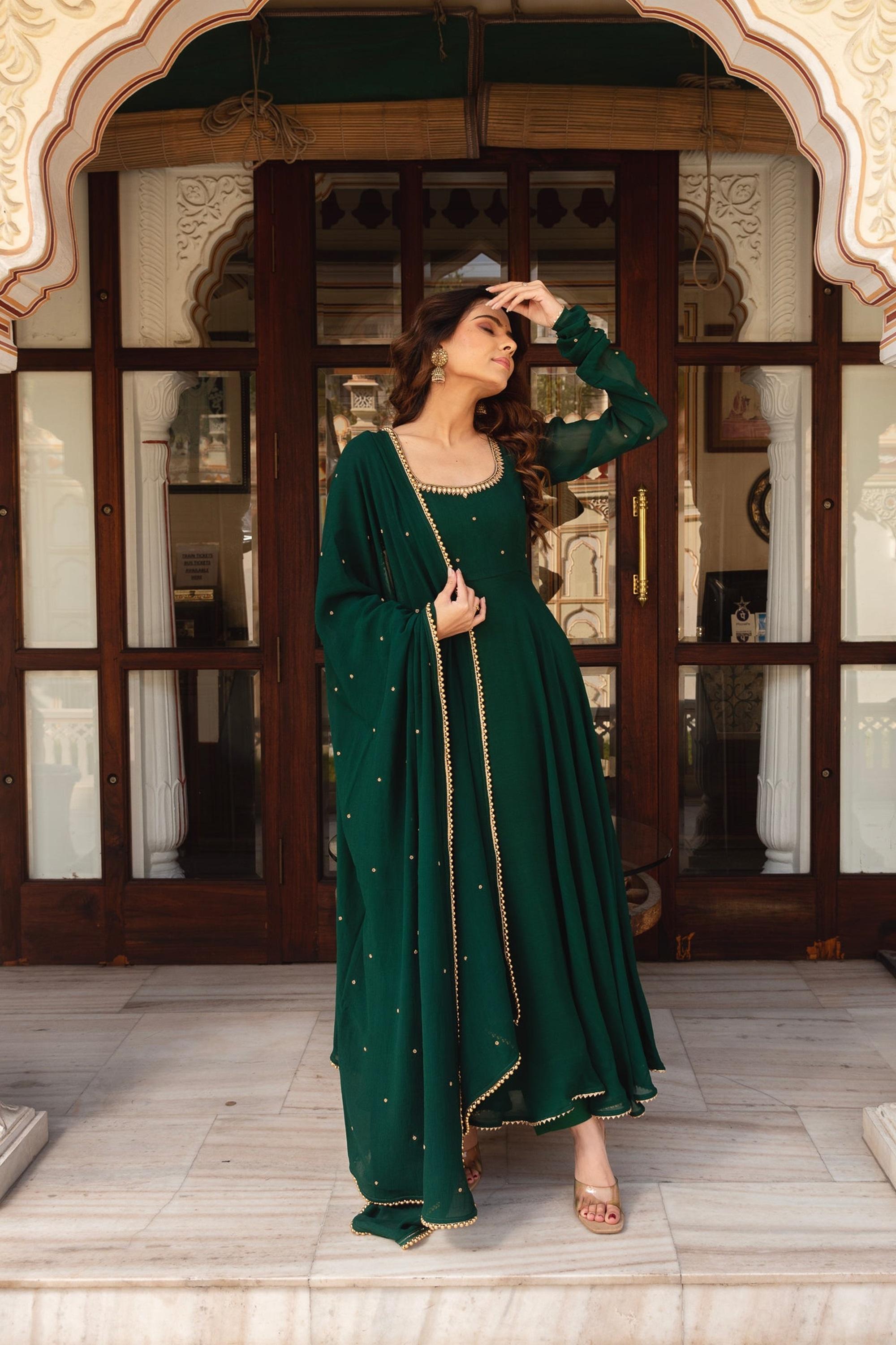 Georgette Anarkali Simple Frock Suit With Heavy Dupatta Elegant Green Heavy Fox Georgette Anarkali Suit Set Georgette Anarkali Simple Frock Suit With Heavy Dupatta Elegant Green Heavy Fox Georgette Anarkali Suit Set