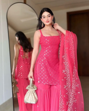 Elegant Rani Pink Embroidered Kurta And Sharara Suit Set with Dupatta
