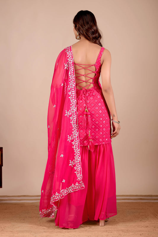 Rani Pink Embroidered Kurta And Sharara Suit Set with Dupatta