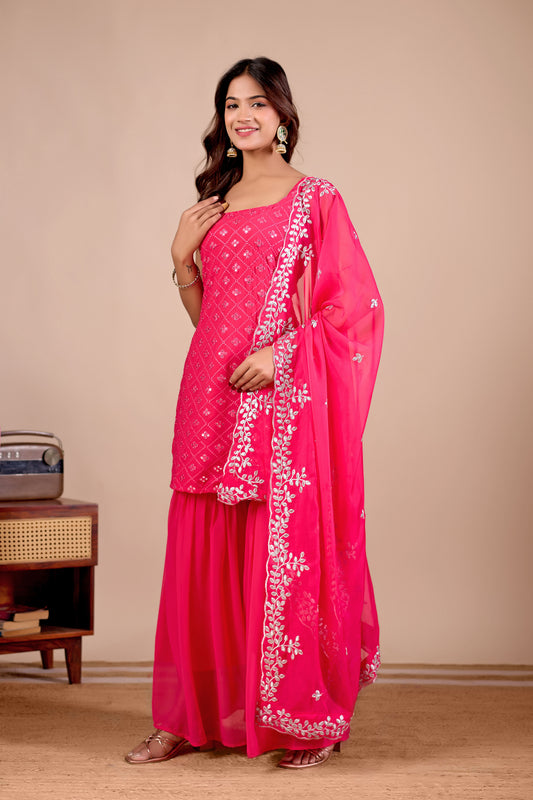 Elegant Rani Pink Embroidered Kurta And Sharara Suit Set with Dupatta