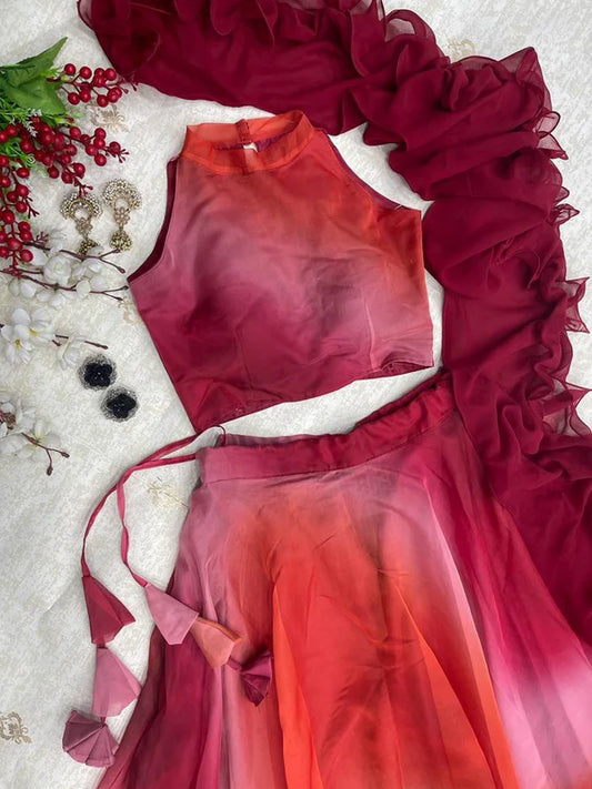 Elegant Red Color Digital Print Organza Lehenga Choli