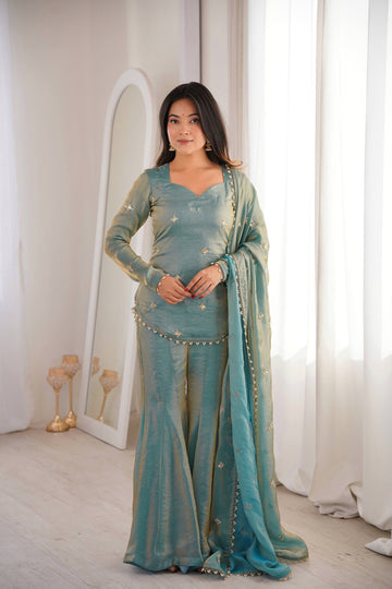 Elegant Blue Fendy Silk Embroidery Sequence Work Sharara Suit Set With Dupatta