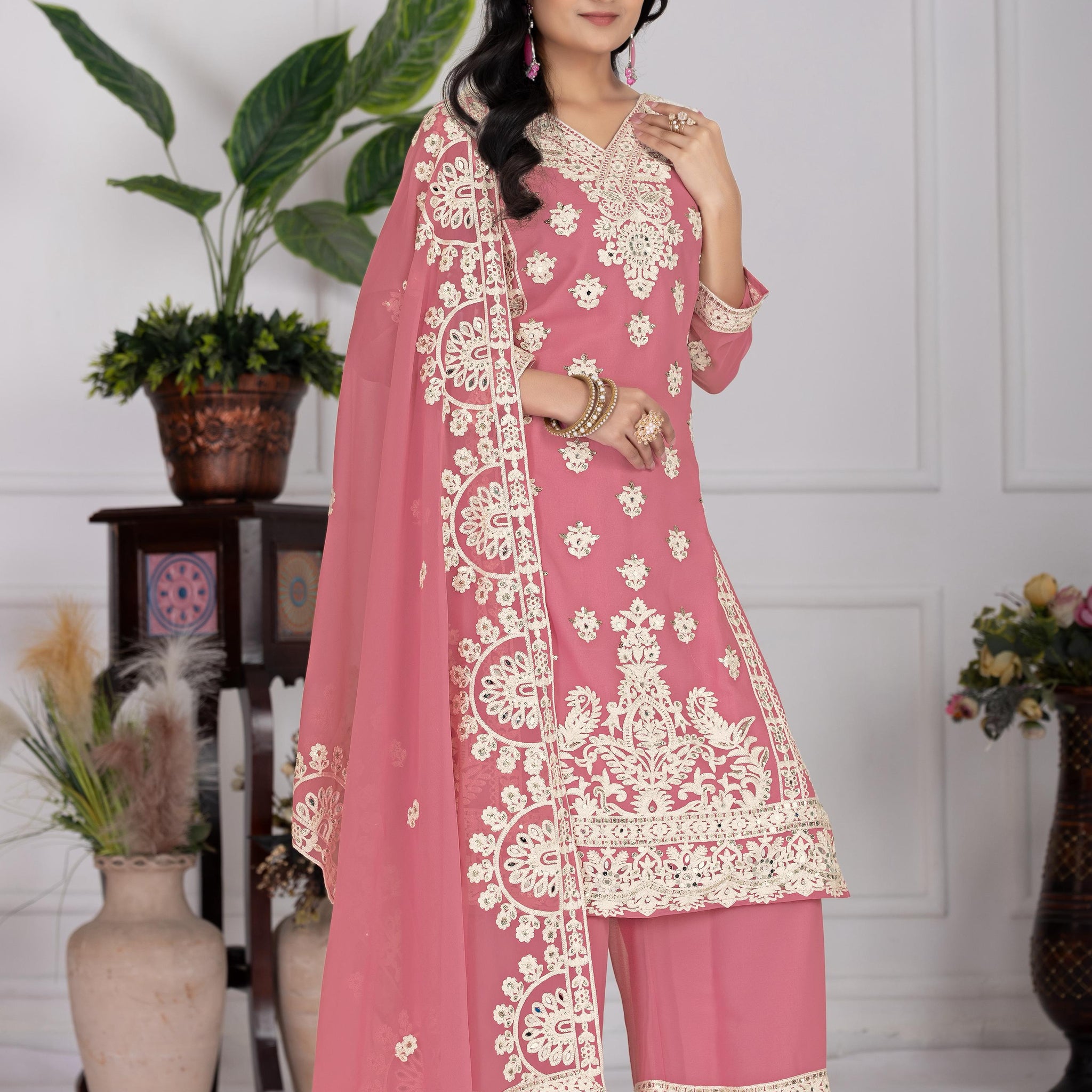 Elegant Embroidered Onion Color Palazzo Suit Set
